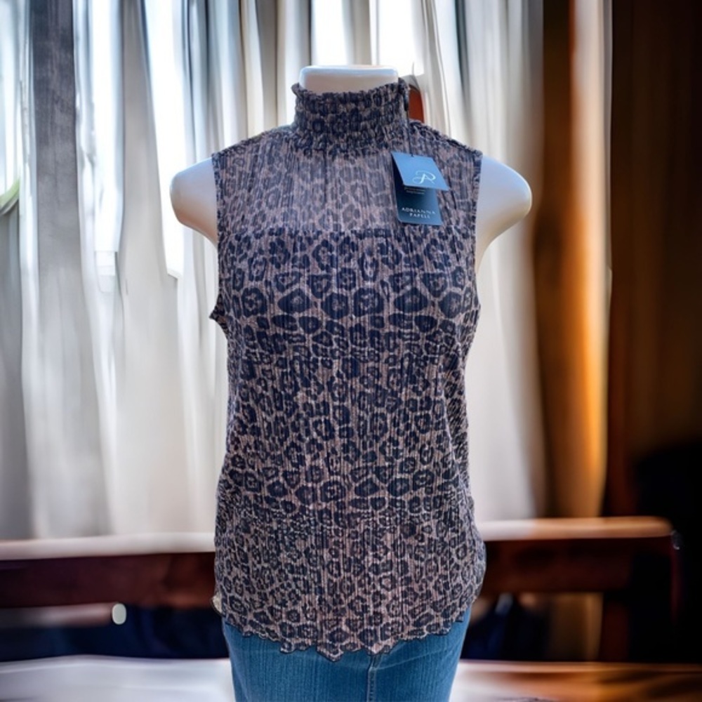 Adrianna Papell NWT Animal Print Blouse High Neck Pleated Sleeveless Sheer Top